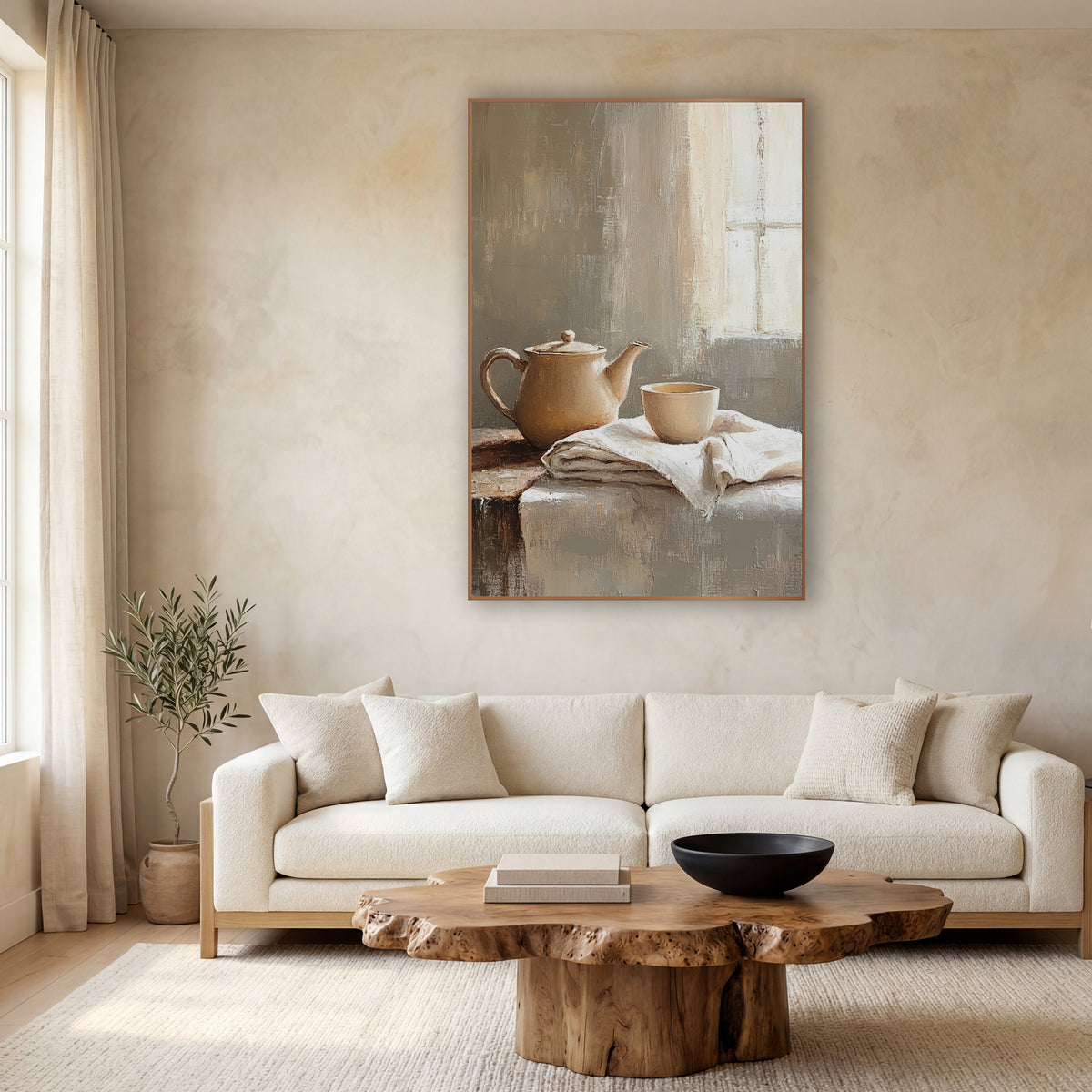 Window Light Teapot Cloth Still wall art in a calm Japandi-style room – cream teapot and small cup on folded linen