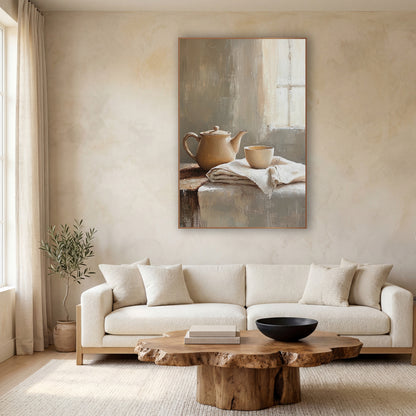 Window Light Teapot Cloth Still wall art in a calm Japandi-style room – cream teapot and small cup on folded linen