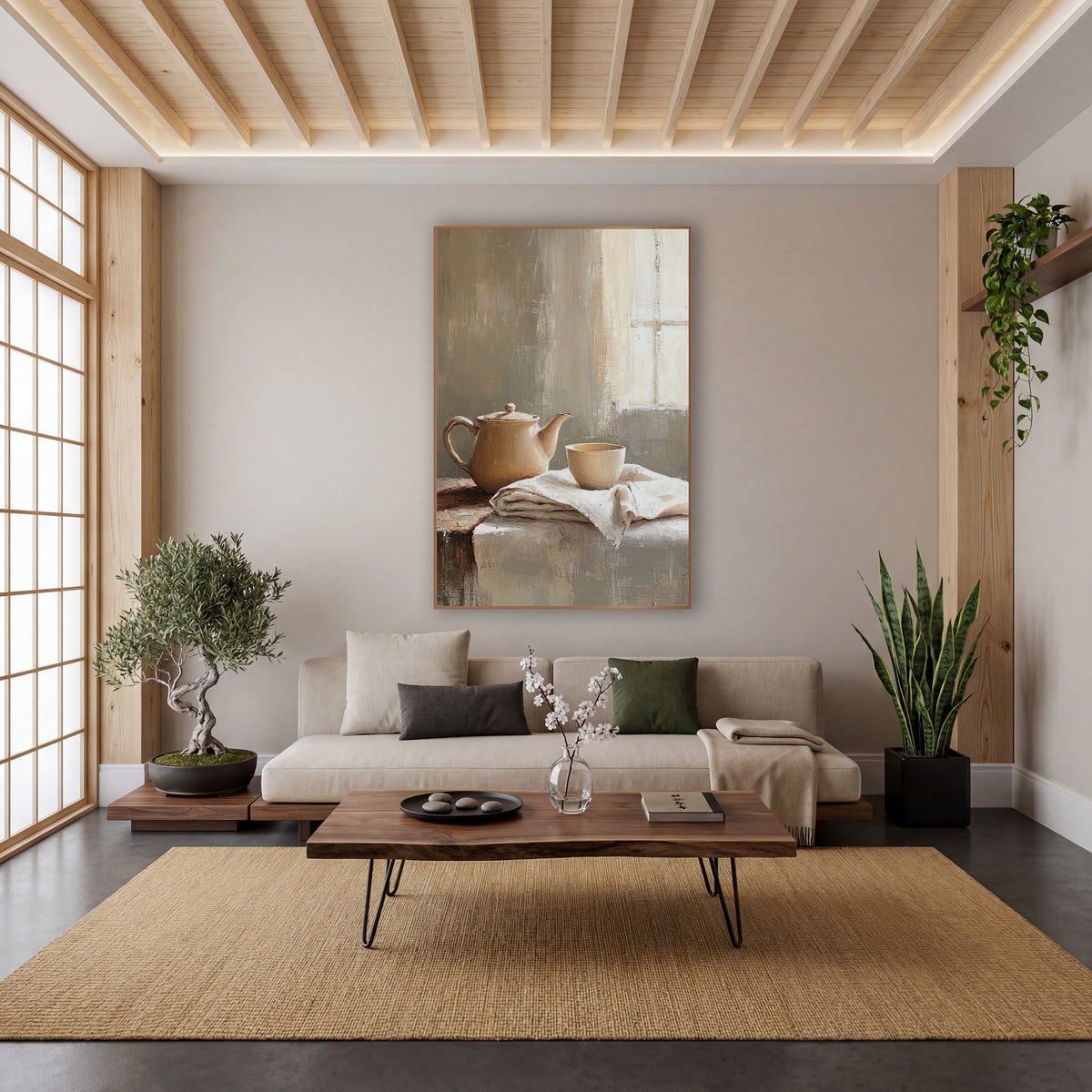 Window Light Teapot Cloth Still wall art in a calm Japandi-style room – cream teapot and small cup on folded linen