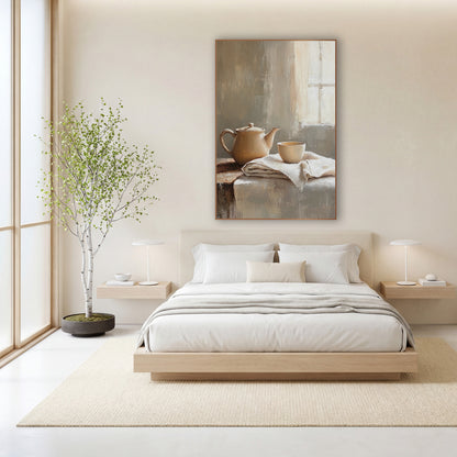 Window Light Teapot Cloth Still wall art in a calm Japandi-style room – cream teapot and small cup on folded linen