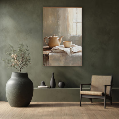 Window Light Teapot Cloth Still wall art in a calm Japandi-style room – cream teapot and small cup on folded linen