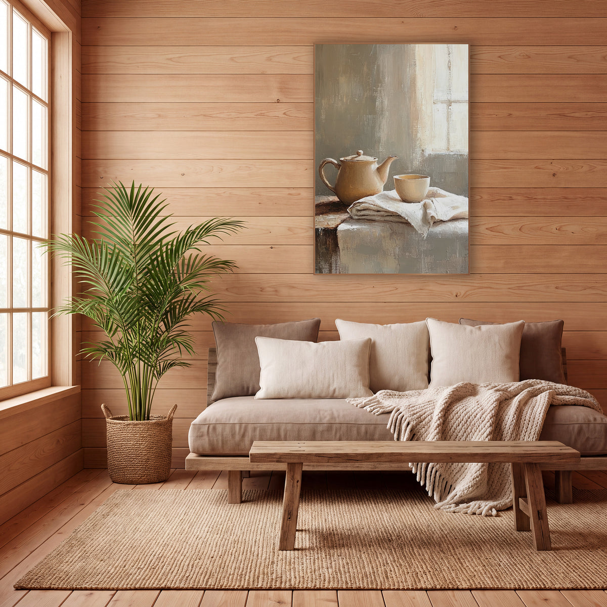 Window Light Teapot Cloth Still wall art in a calm Japandi-style room – cream teapot and small cup on folded linen