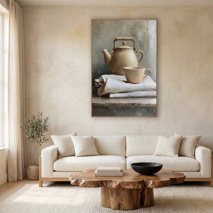 Handled Kettle Linen Stack Still wall art in a calm Japandi-style room – cream teapot with black wire handle