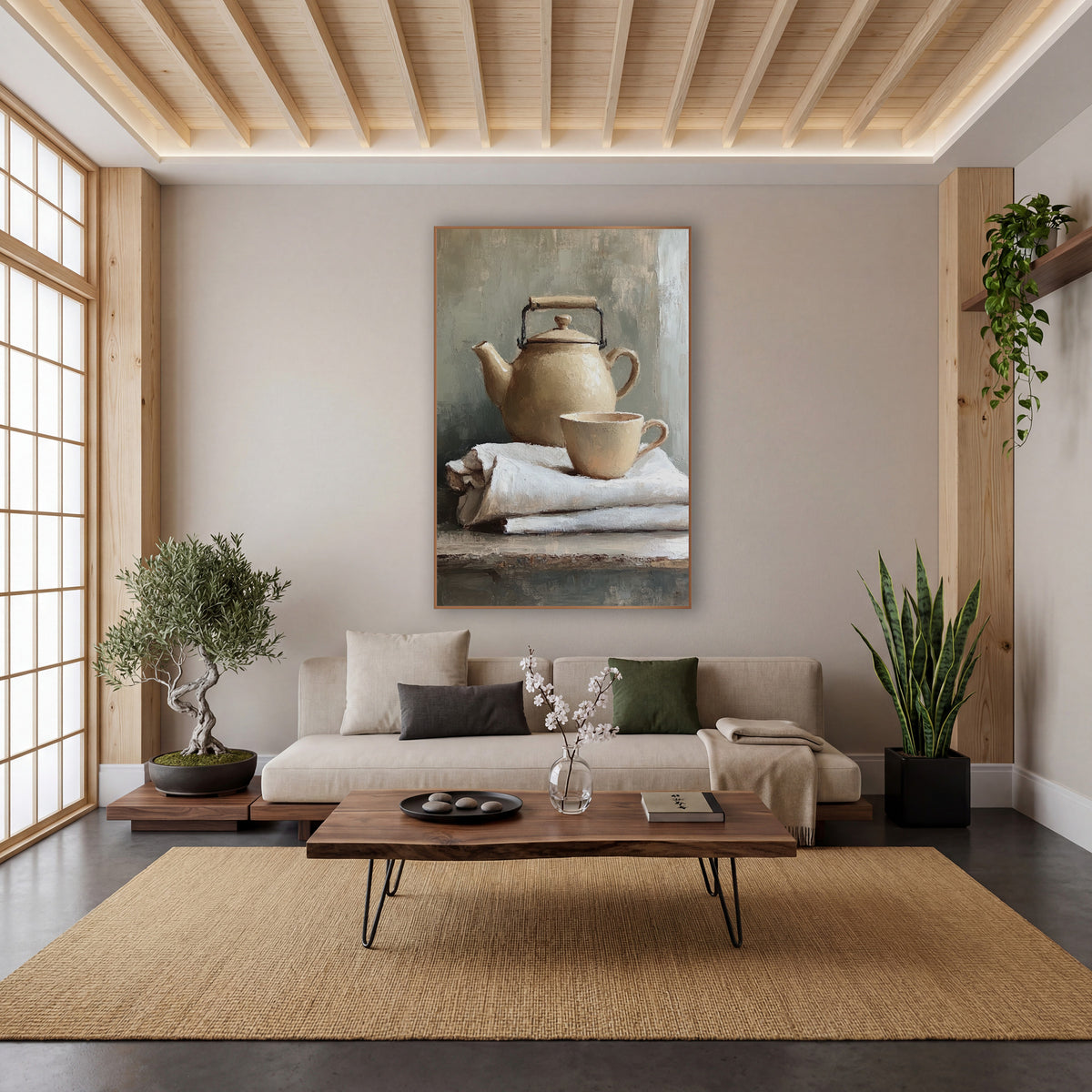 Handled Kettle Linen Stack Still wall art in a calm Japandi-style room – cream teapot with black wire handle