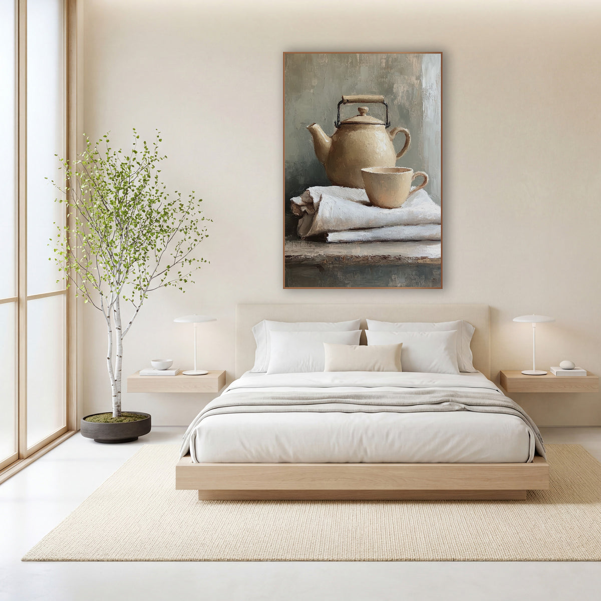 Handled Kettle Linen Stack Still wall art in a calm Japandi-style room – cream teapot with black wire handle