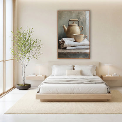 Handled Kettle Linen Stack Still wall art in a calm Japandi-style room – cream teapot with black wire handle