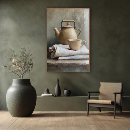 Handled Kettle Linen Stack Still wall art in a calm Japandi-style room – cream teapot with black wire handle