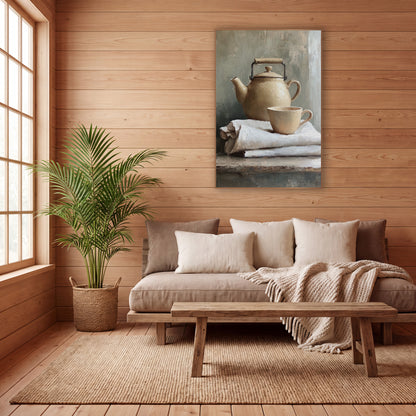 Handled Kettle Linen Stack Still wall art in a calm Japandi-style room – cream teapot with black wire handle