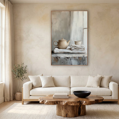 Separate Linen Teapot Cup Still wall art in a calm Japandi-style room – cream teapot and small cup on folded white