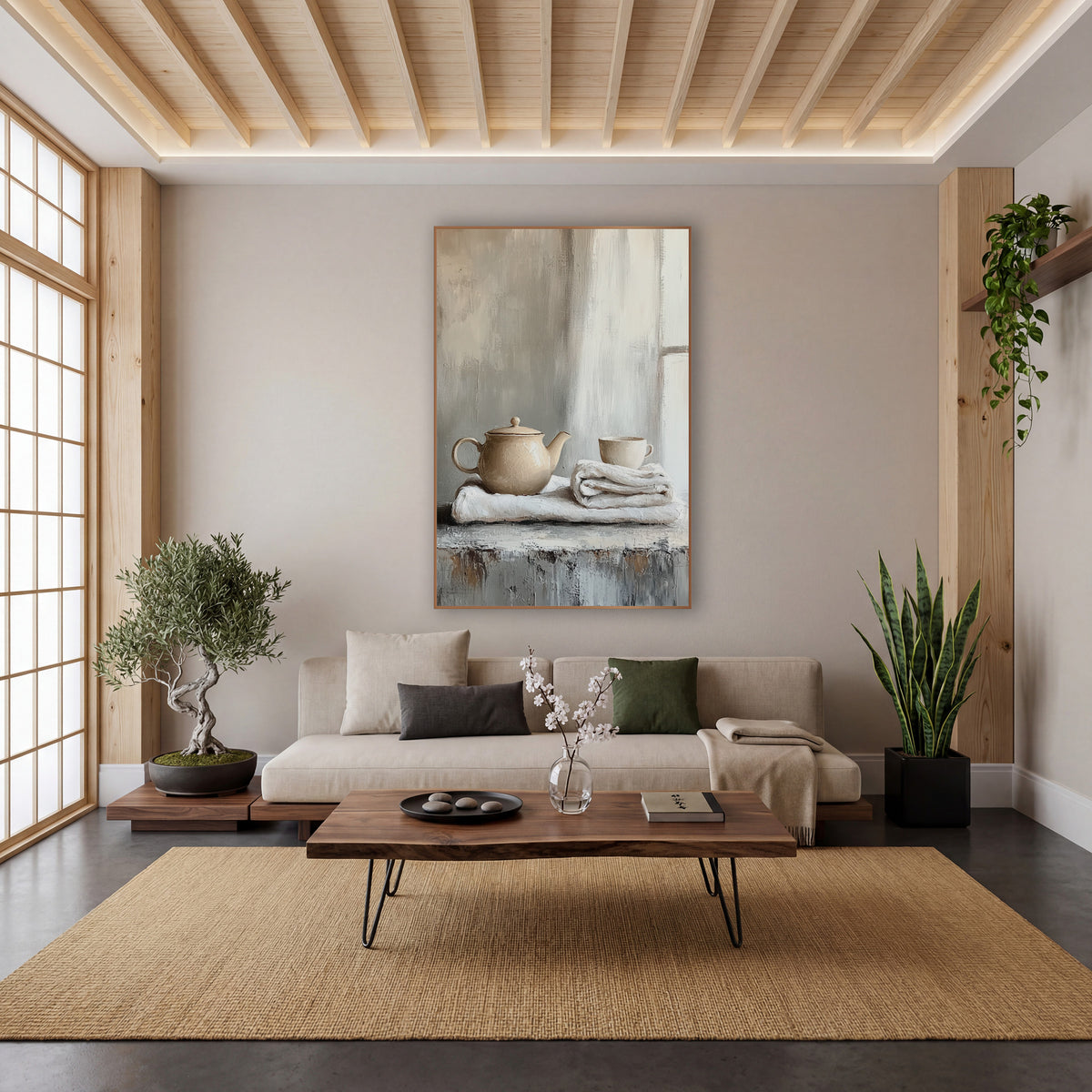 Separate Linen Teapot Cup Still wall art in a calm Japandi-style room – cream teapot and small cup on folded white