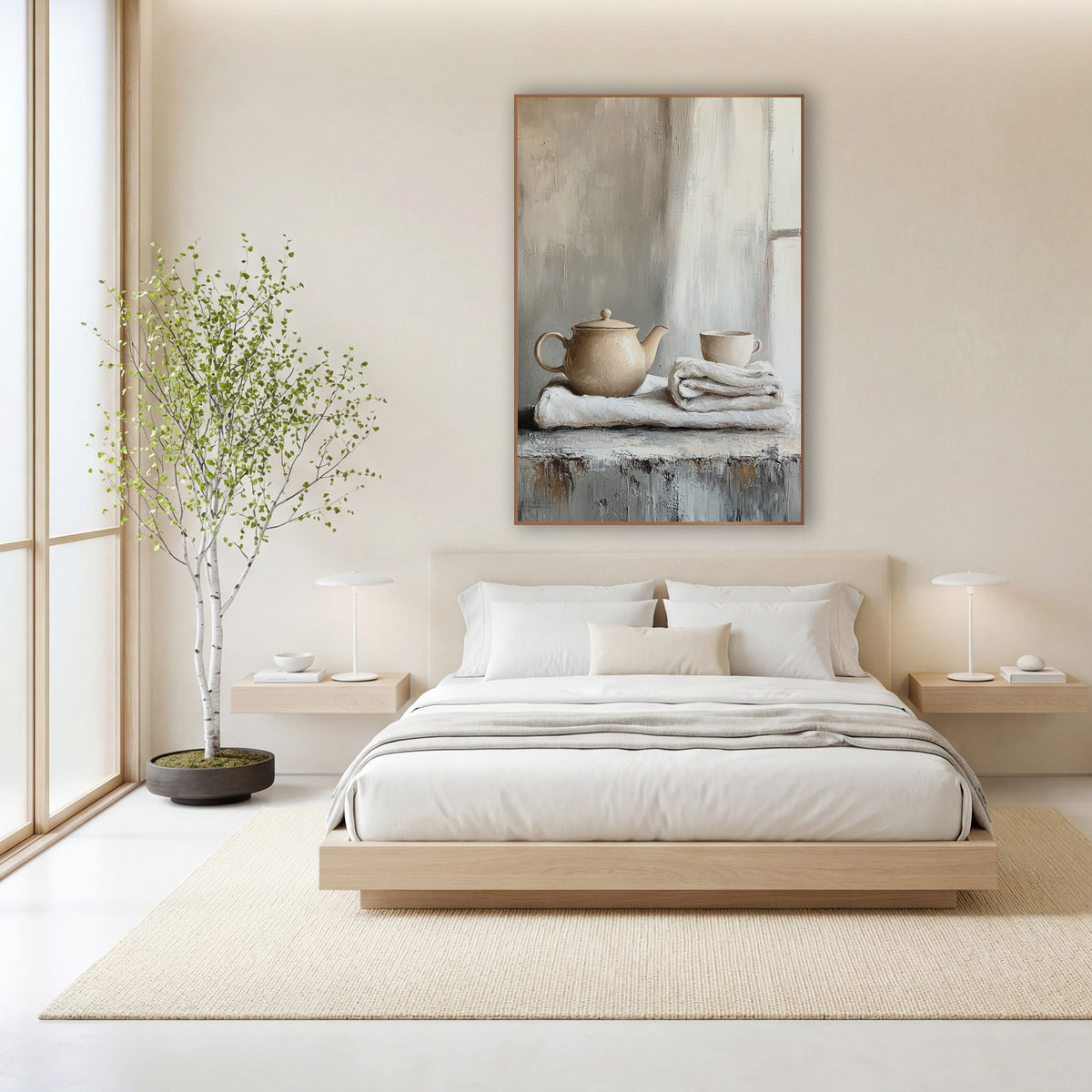 Separate Linen Teapot Cup Still wall art in a calm Japandi-style room – cream teapot and small cup on folded white