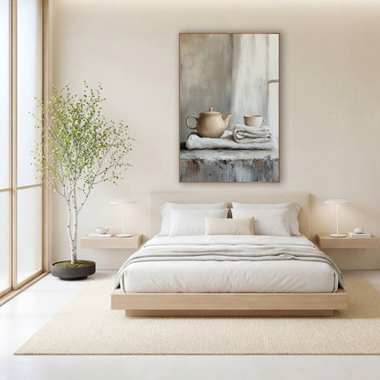 Separate Linen Teapot Cup Still wall art in a calm Japandi-style room – cream teapot and small cup on folded white