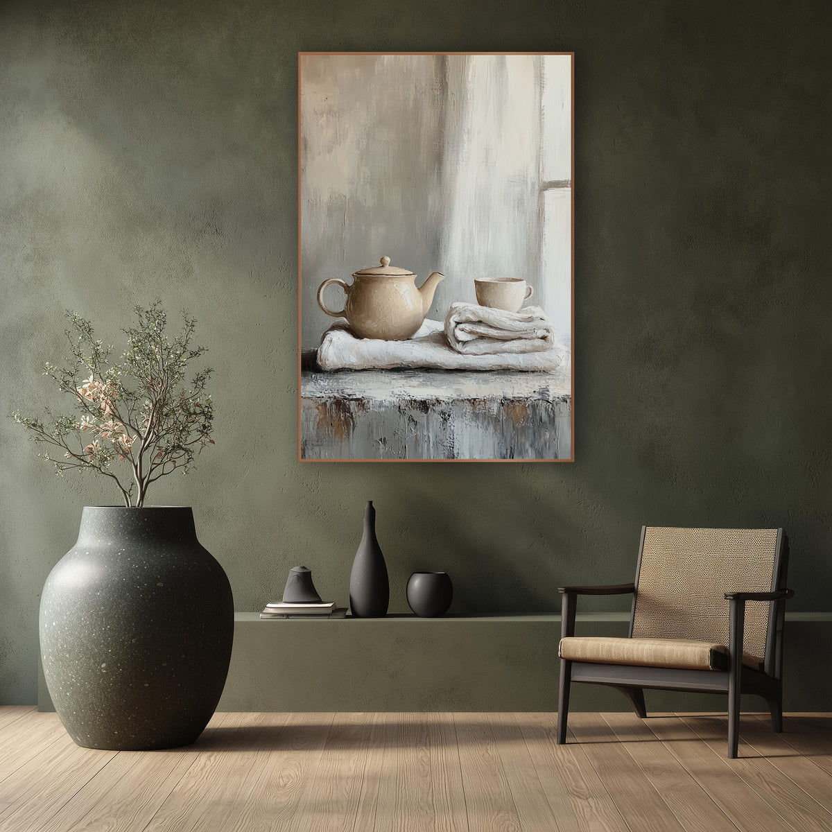 Separate Linen Teapot Cup Still wall art in a calm Japandi-style room – cream teapot and small cup on folded white
