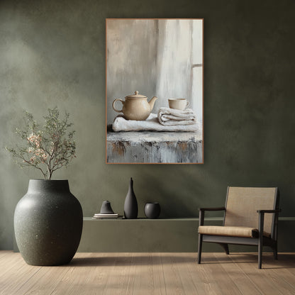 Separate Linen Teapot Cup Still wall art in a calm Japandi-style room – cream teapot and small cup on folded white