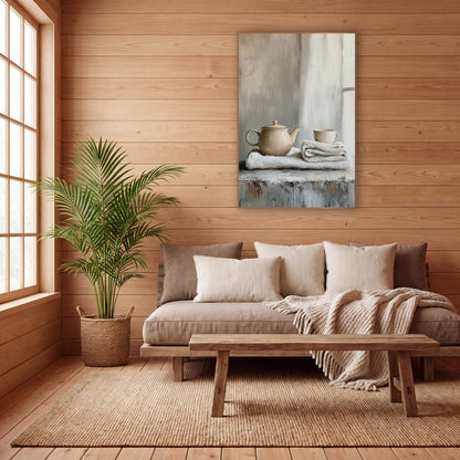 Separate Linen Teapot Cup Still wall art in a calm Japandi-style room – cream teapot and small cup on folded white