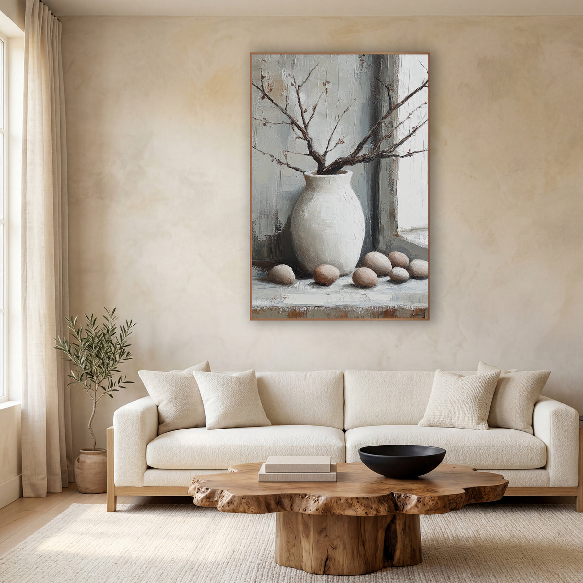 White Vase Branches Eggs Still Life wall art in a calm Japandi-style room – still life of a white round vase with bare