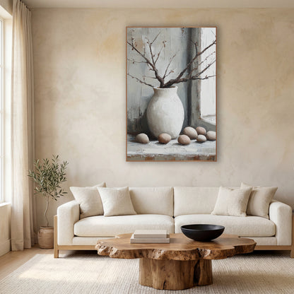 White Vase Branches Eggs Still Life wall art in a calm Japandi-style room – still life of a white round vase with bare