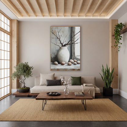 White Vase Branches Eggs Still Life wall art in a calm Japandi-style room – still life of a white round vase with bare
