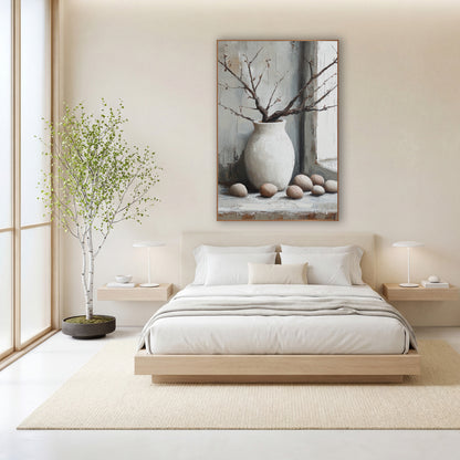 White Vase Branches Eggs Still Life wall art in a calm Japandi-style room – still life of a white round vase with bare
