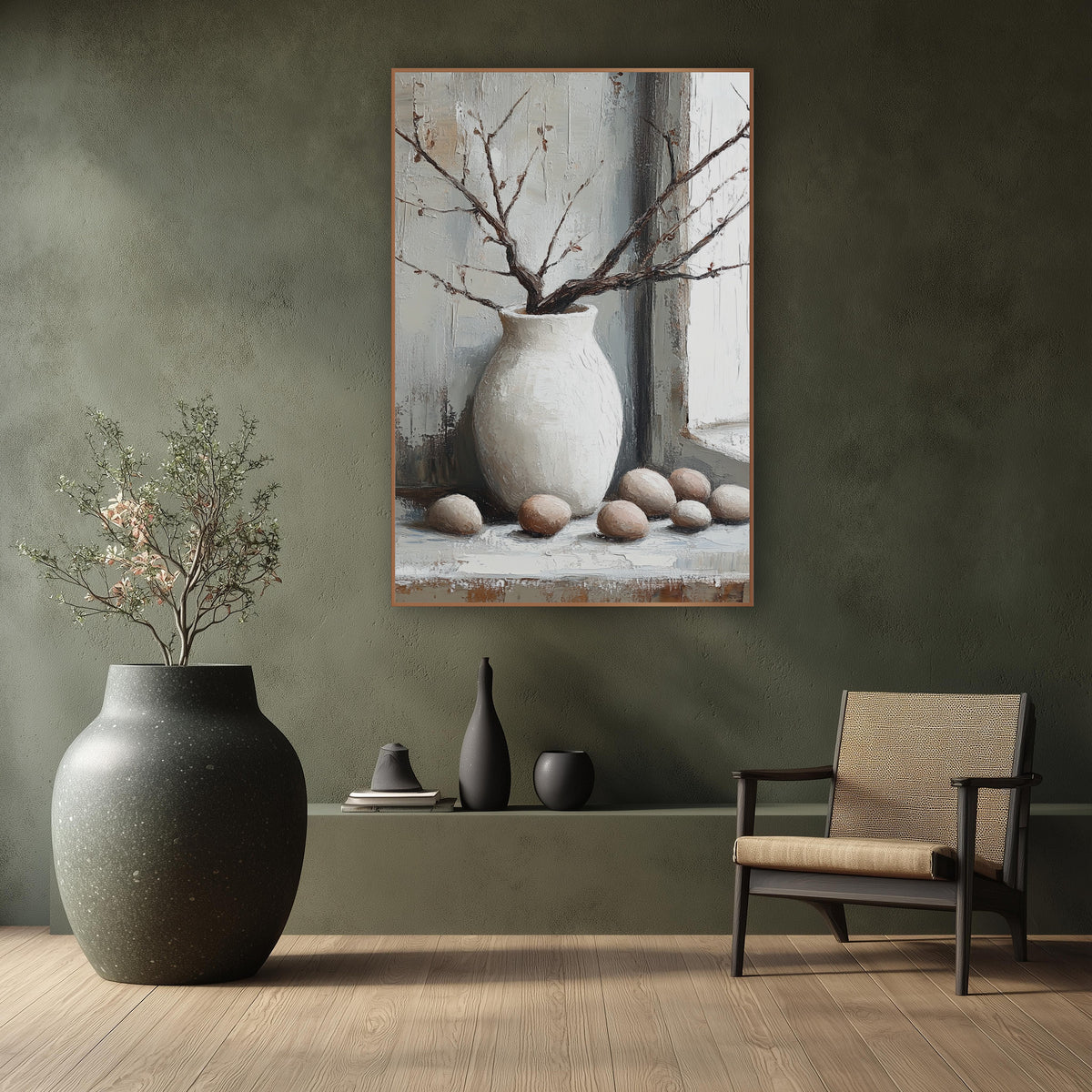 White Vase Branches Eggs Still Life wall art in a calm Japandi-style room – still life of a white round vase with bare