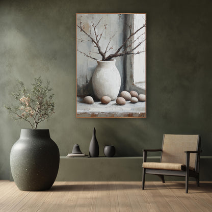 White Vase Branches Eggs Still Life wall art in a calm Japandi-style room – still life of a white round vase with bare