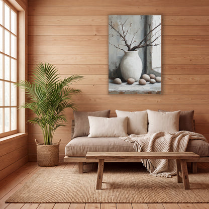 White Vase Branches Eggs Still Life wall art in a calm Japandi-style room – still life of a white round vase with bare