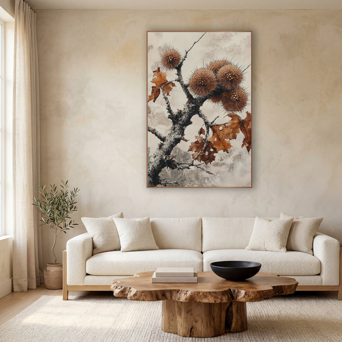 Spiky Chestnut Husk Branch Japandi wall art in a calm Japandi-style room – cluster of spiky round chestnut husks