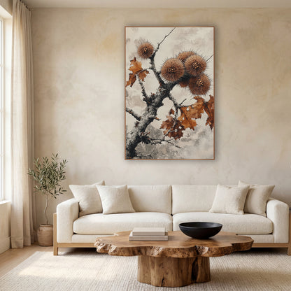 Spiky Chestnut Husk Branch Japandi wall art in a calm Japandi-style room – cluster of spiky round chestnut husks