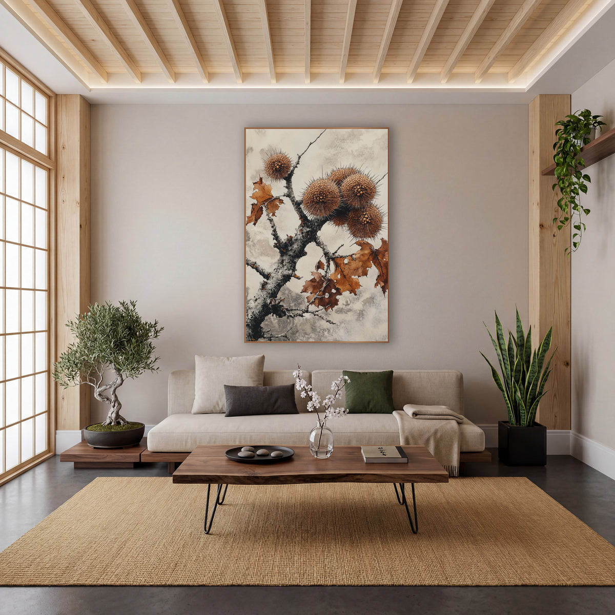 Spiky Chestnut Husk Branch Japandi wall art in a calm Japandi-style room – cluster of spiky round chestnut husks