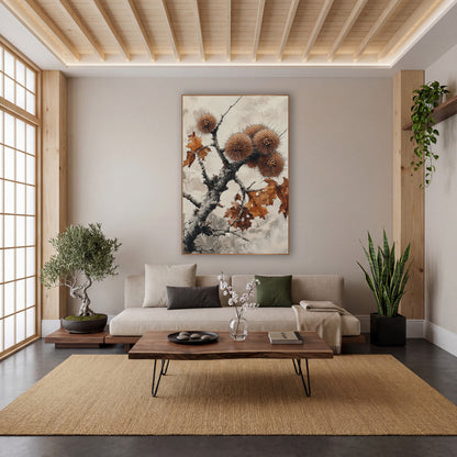 Spiky Chestnut Husk Branch Japandi wall art in a calm Japandi-style room – cluster of spiky round chestnut husks