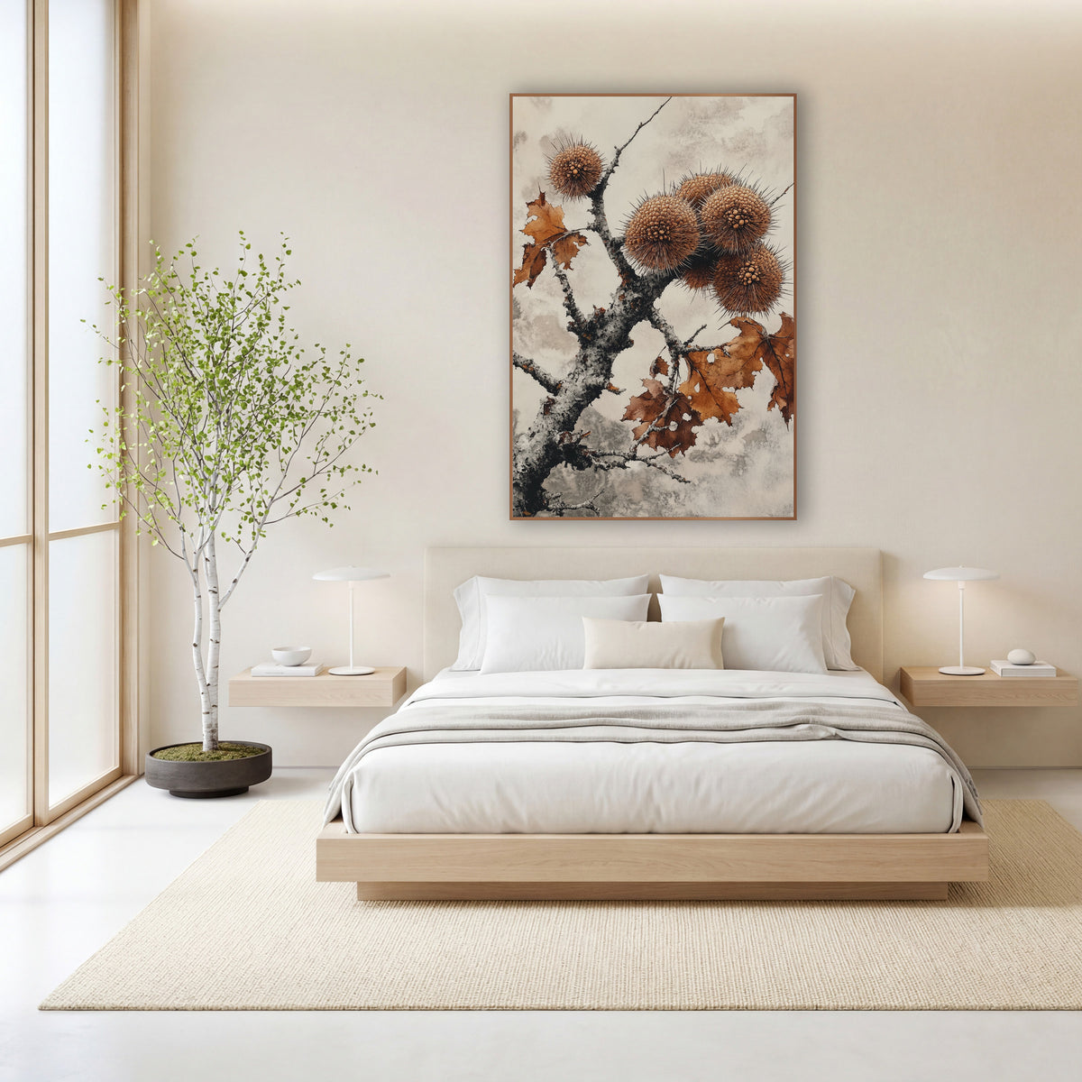 Spiky Chestnut Husk Branch Japandi wall art in a calm Japandi-style room – cluster of spiky round chestnut husks