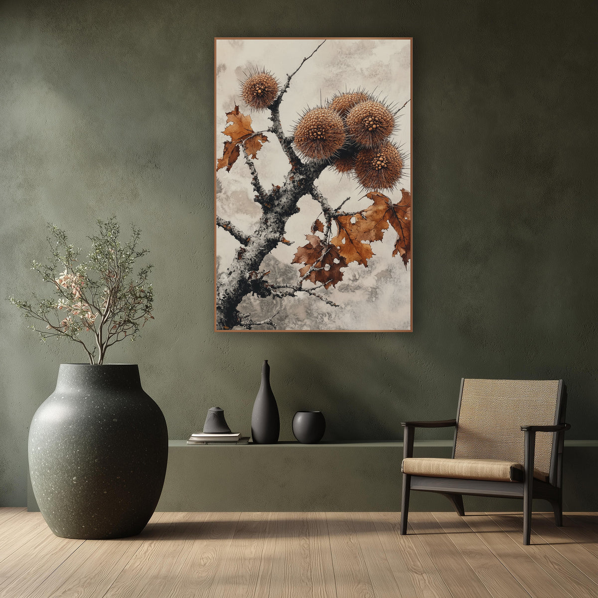 Spiky Chestnut Husk Branch Japandi wall art in a calm Japandi-style room – cluster of spiky round chestnut husks
