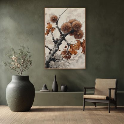 Spiky Chestnut Husk Branch Japandi wall art in a calm Japandi-style room – cluster of spiky round chestnut husks
