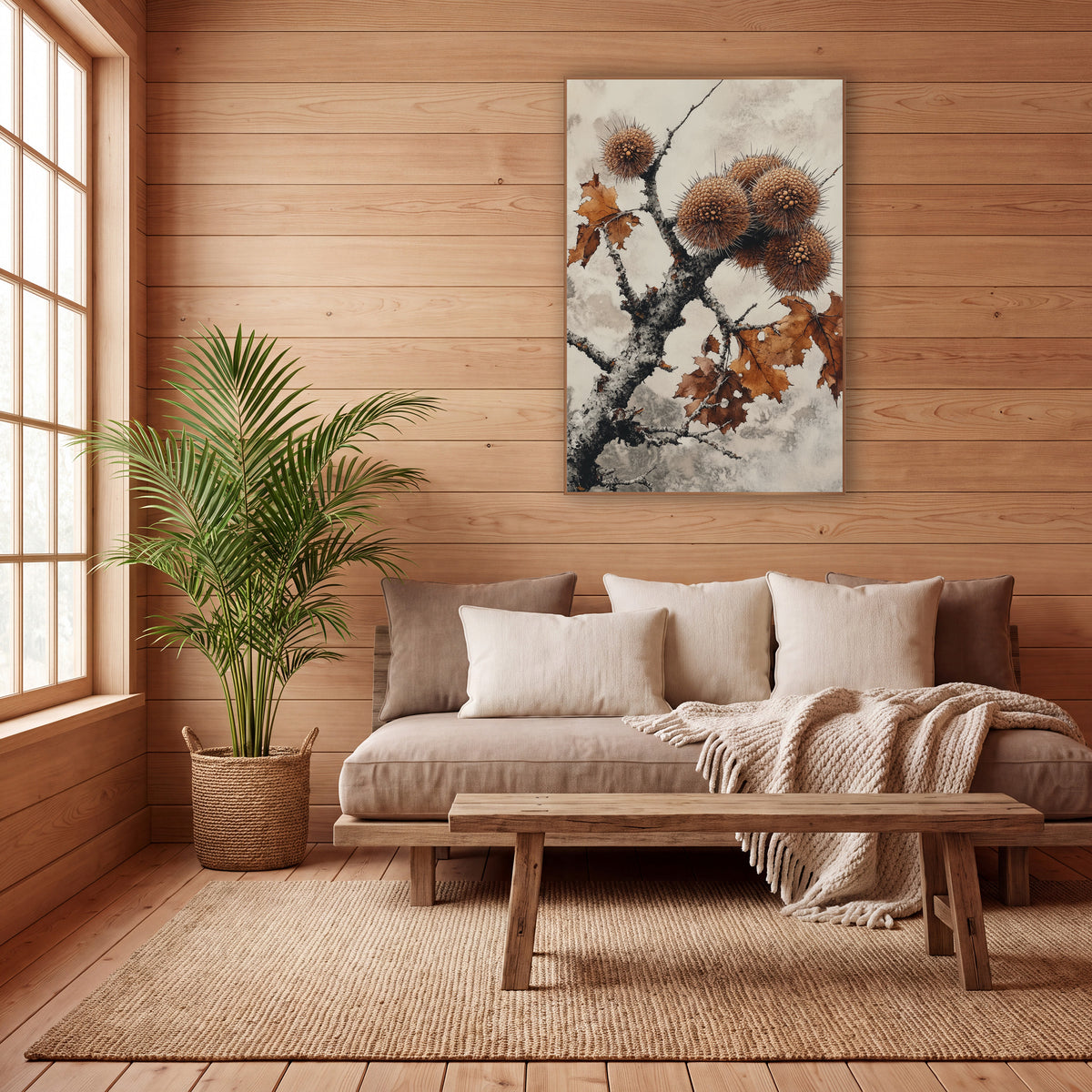 Spiky Chestnut Husk Branch Japandi wall art in a calm Japandi-style room – cluster of spiky round chestnut husks