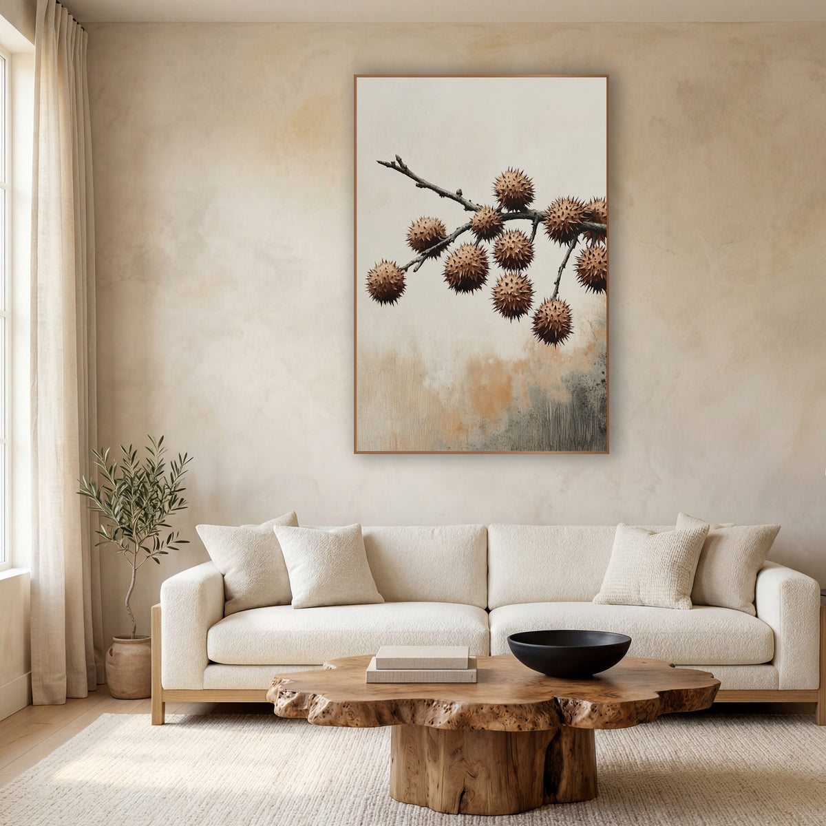 Spiky Husk Branch Japandi Botanical wall art in a calm Japandi-style room – bare dark branch with ten round spiky