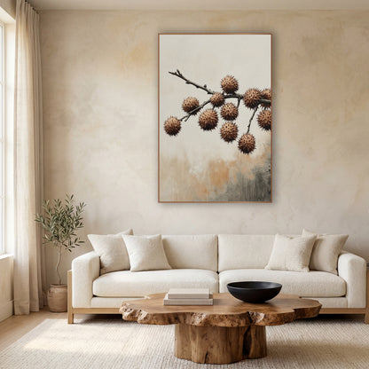 Spiky Husk Branch Japandi Botanical wall art in a calm Japandi-style room – bare dark branch with ten round spiky