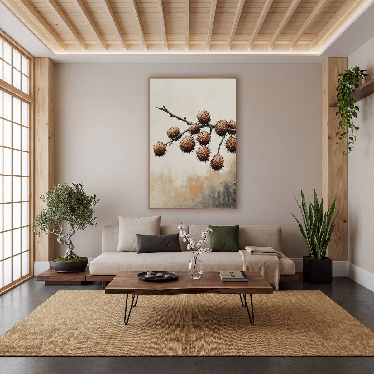 Spiky Husk Branch Japandi Botanical wall art in a calm Japandi-style room – bare dark branch with ten round spiky