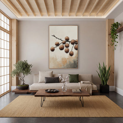 Spiky Husk Branch Japandi Botanical wall art in a calm Japandi-style room – bare dark branch with ten round spiky