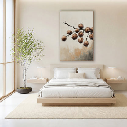 Spiky Husk Branch Japandi Botanical wall art in a calm Japandi-style room – bare dark branch with ten round spiky