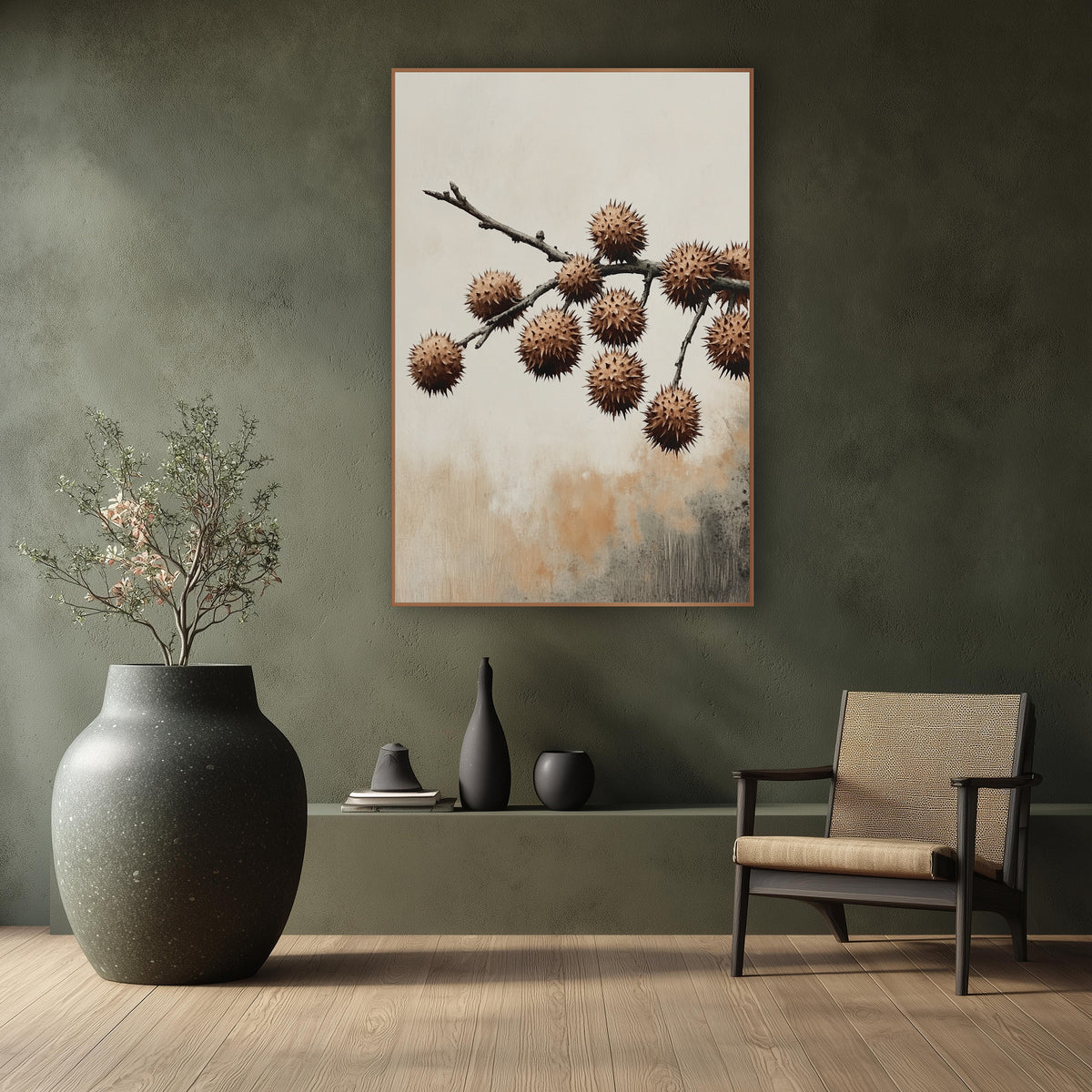 Spiky Husk Branch Japandi Botanical wall art in a calm Japandi-style room – bare dark branch with ten round spiky