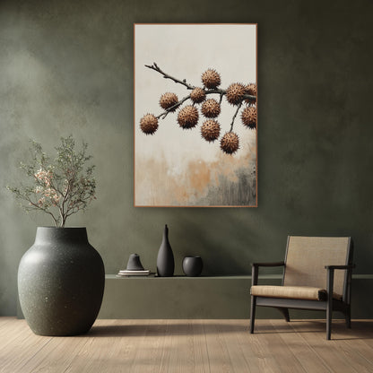 Spiky Husk Branch Japandi Botanical wall art in a calm Japandi-style room – bare dark branch with ten round spiky