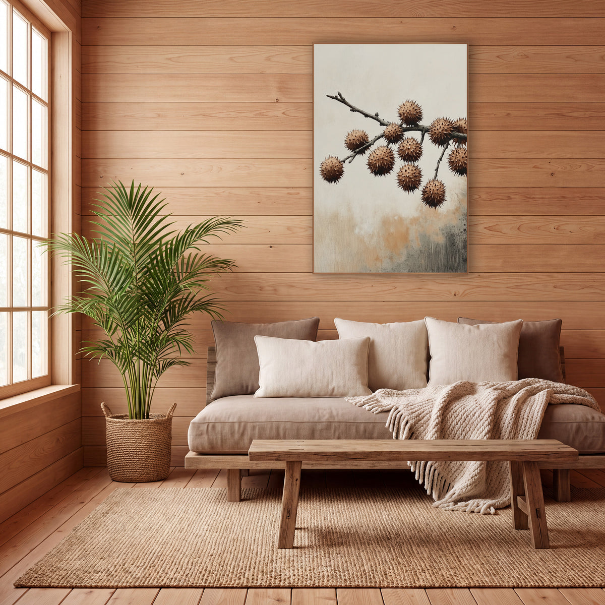 Spiky Husk Branch Japandi Botanical wall art in a calm Japandi-style room – bare dark branch with ten round spiky