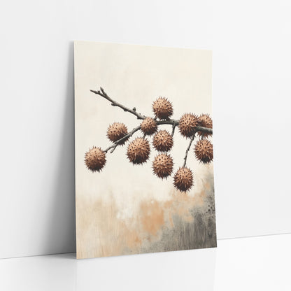 Spiky Husk Branch Japandi Botanical art print leaning against a white wall – bare dark branch with ten round spiky brown seed
