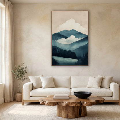 Misty Teal Mountain Landscape Japandi wall art in a calm Japandi-style room – layered teal mountain ridges