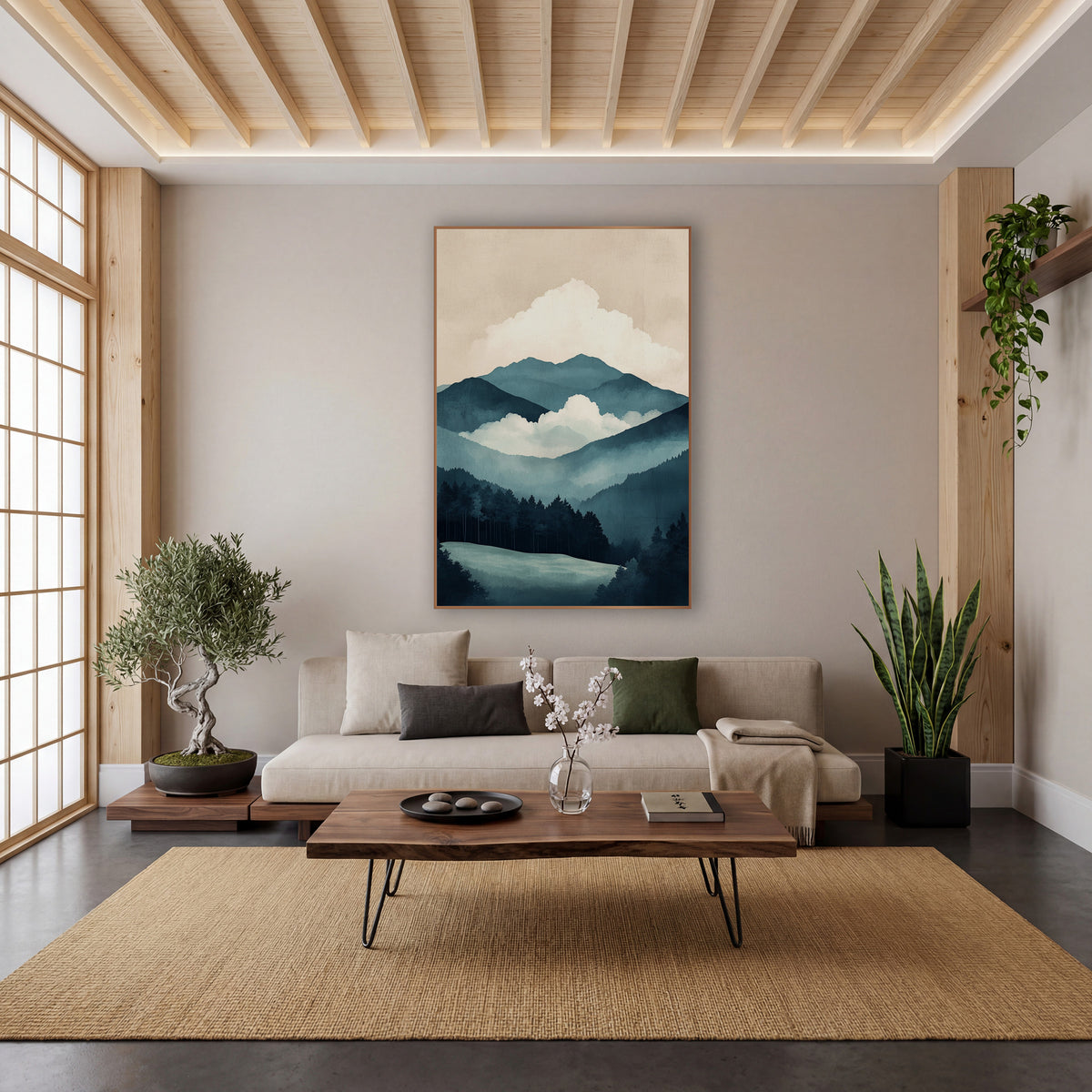Misty Teal Mountain Landscape Japandi wall art in a calm Japandi-style room – layered teal mountain ridges