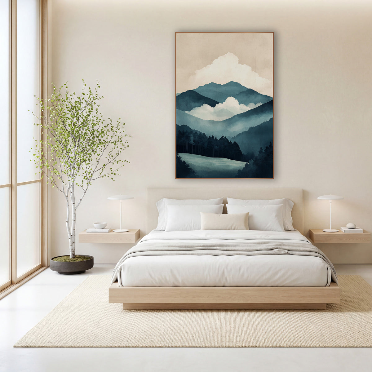 Misty Teal Mountain Landscape Japandi wall art in a calm Japandi-style room – layered teal mountain ridges