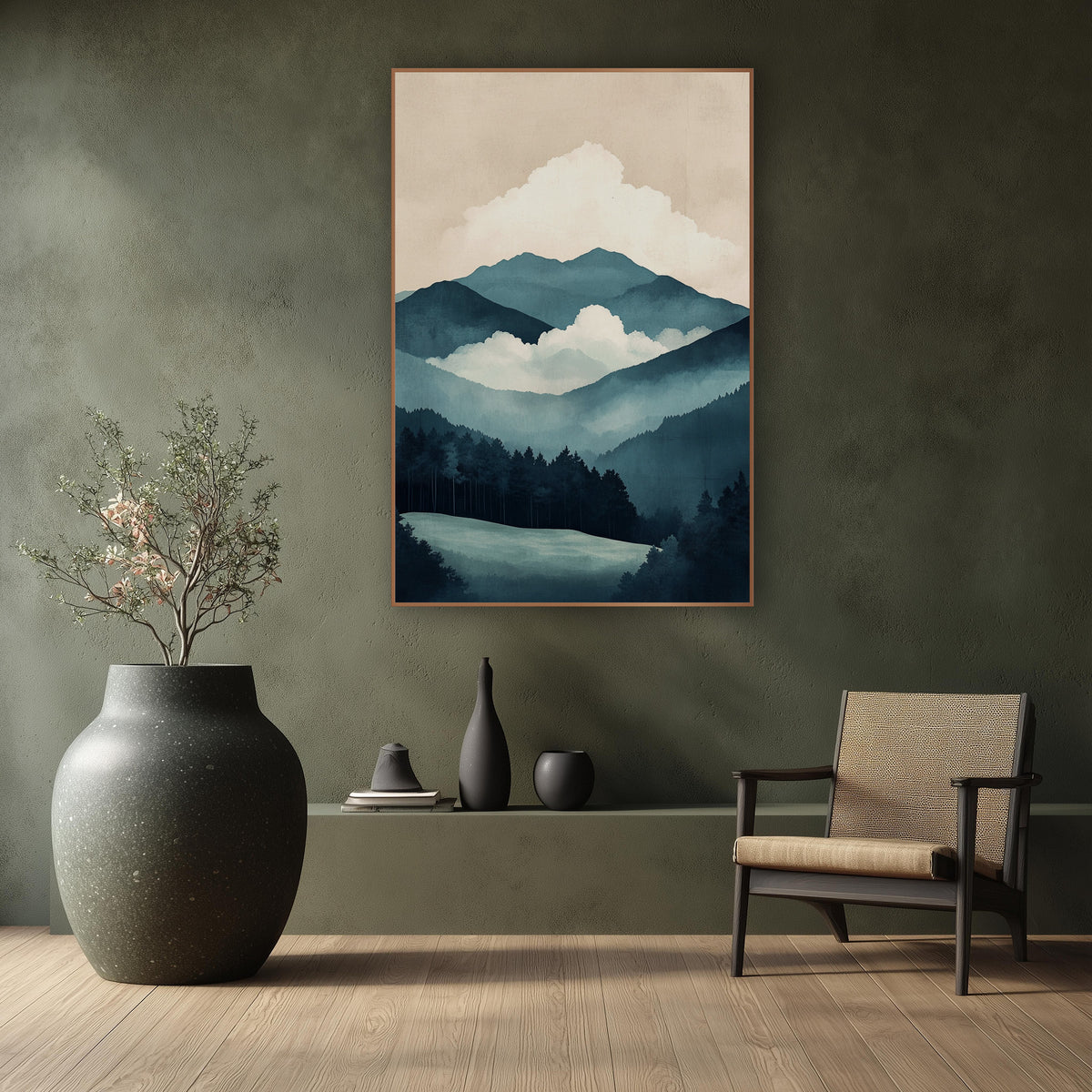 Misty Teal Mountain Landscape Japandi wall art in a calm Japandi-style room – layered teal mountain ridges
