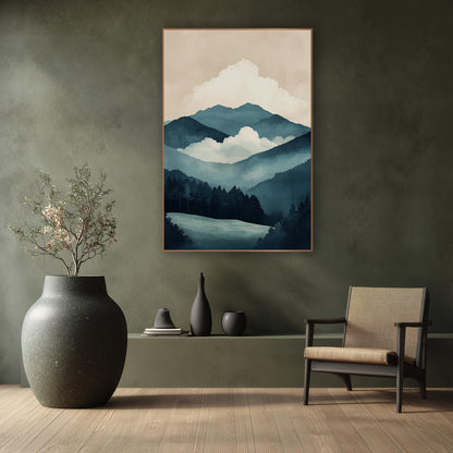 Misty Teal Mountain Landscape Japandi wall art in a calm Japandi-style room – layered teal mountain ridges