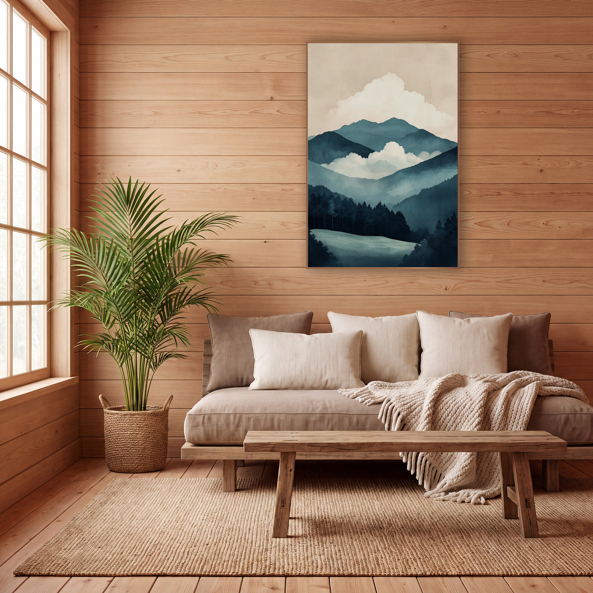 Misty Teal Mountain Landscape Japandi wall art in a calm Japandi-style room – layered teal mountain ridges