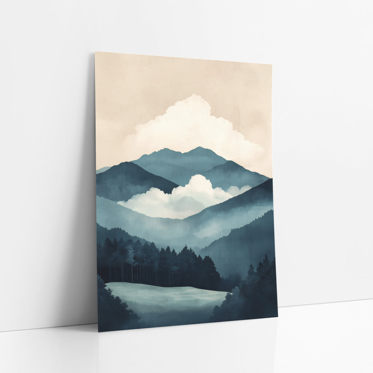 Misty Teal Mountain Landscape Japandi art print leaning against a white wall – layered teal mountain ridges with a large